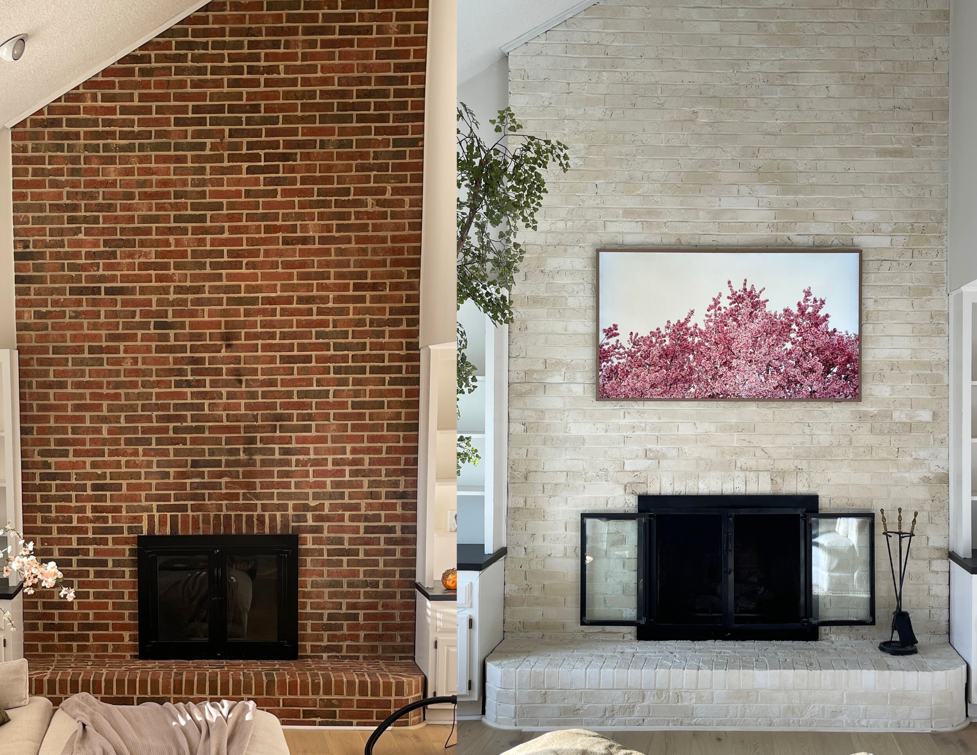 before and after pictures of a limewashed fireplace. red brick transformed into light brick.